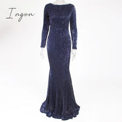 Ingvn - Elegant O Neck Long Sleeve Sequin Maxi Dress Floor Length Stretchy Bodycon Party Gold Green