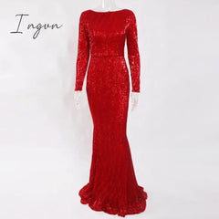Ingvn - Elegant O Neck Long Sleeve Sequin Maxi Dress Floor Length Stretchy Bodycon Party Gold Green