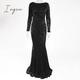 Ingvn - Elegant O Neck Long Sleeve Sequin Maxi Dress Floor Length Stretchy Bodycon Party Gold Green