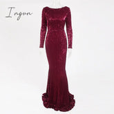 Ingvn - Elegant O Neck Long Sleeve Sequin Maxi Dress Floor Length Stretchy Bodycon Party Gold Green