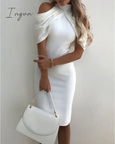Ingvn - Elegant Off Shoulder Ruched High Neck Evening Party Dress Women Fashion Slim White Long