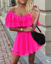Ingvn - Elegant Off Shoulder Ruffle Fit Flare Dress Women Solid Casual Summer Mini Rose / S