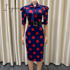 Ingvn - Elegant Office Dresses For Ladies 2023 Business Dot Printed High Waisted Short Sleeve Mid