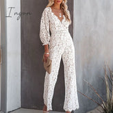 Ingvn - Elegant Office Ladies Pants Romper Overalls Autumn Long Sleeve Solid Crochet Lace Slim