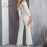 Ingvn - Elegant Office Ladies Pants Romper Overalls Autumn Long Sleeve Solid Crochet Lace Slim