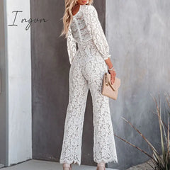 Ingvn - Elegant Office Ladies Pants Romper Overalls Autumn Long Sleeve Solid Crochet Lace Slim