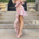 Ingvn - Elegant Party Dresses Y2K Sexy Halter Sleeveless Robe Floral Print Ruffle Vintage Midi