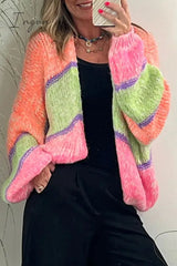 Ingvn - Elegant Plaid Contrast Cardigan Collar Outerwear Outerwear/Knitted Jacket