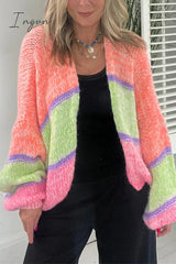 Ingvn - Elegant Plaid Contrast Cardigan Collar Outerwear Pink Orange / S/M Outerwear/Knitted Jacket