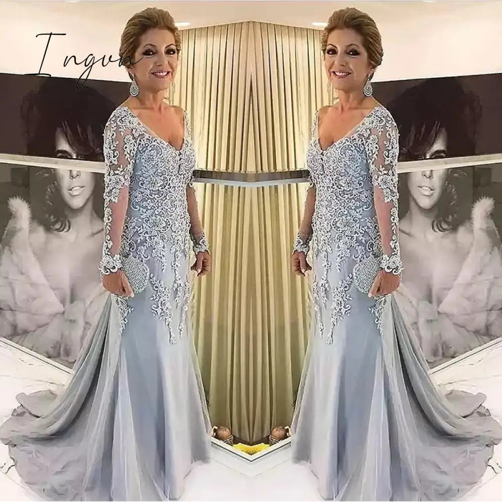 Ingvn - Elegant Silver Long Sleeves Mother Of The Bride Clothes V Neck Patin Evening Dress Wedding
