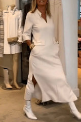 Ingvn - Elegant Simplicity Solid Pocket Turndown Collar One Step Skirt Dresses Dresses/Casual
