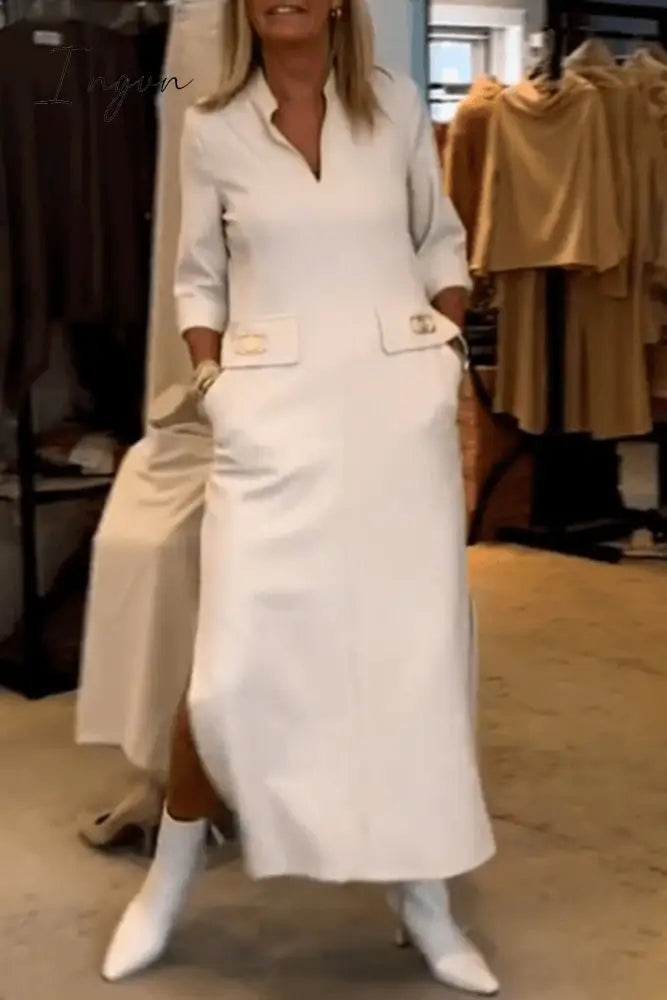 Ingvn - Elegant Simplicity Solid Pocket Turndown Collar One Step Skirt Dresses Dresses/Casual