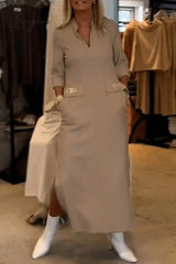 Ingvn - Elegant Simplicity Solid Pocket Turndown Collar One Step Skirt Dresses Dresses/Casual