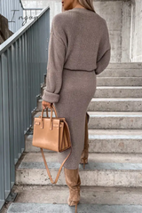 Ingvn - Elegant Simplicity Solid Slit O Neck Long Sleeve Dresses Dresses/Sweater