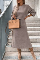 Ingvn - Elegant Simplicity Solid Slit O Neck Long Sleeve Dresses Dresses/Sweater