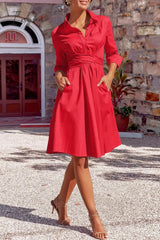 Ingvn - Elegant Solid Bandage Pocket Buttons Turndown Collar Shirt Dress Dresses Dresses/Casual