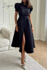 Ingvn - Elegant Solid Buckle O Neck A Line Short Sleeve Dress(5 Colors) Dresses/Short Dress