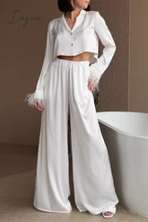 Ingvn - Elegant Solid Buttons Feathers Turn-Back Collar Long Sleeve Two Pieces White / S