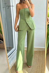 Ingvn - Elegant Solid Buttons Strapless Sleeveless Two Pieces Green / S Pieces/Two-Piece Pants Set