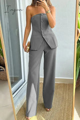 Ingvn - Elegant Solid Buttons Strapless Sleeveless Two Pieces Grey / S Pieces/Two-Piece Pants Set
