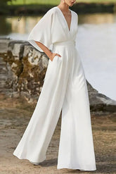 Ingvn - Elegant Solid Color V Neck Boot Cut Jumpsuits(7 Colors) White / S Jumpsuits &