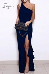 Ingvn - Elegant Solid Flounce Slit One Shoulder Evening Dress Dresses(5 Colors) Tibetan Blue / S