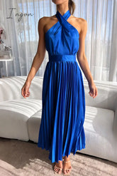 Ingvn - Elegant Solid Fold Halter Dresses Royal Blue / S Dresses/Summer