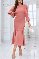 Ingvn - Elegant Solid Fold O Neck Wrapped Skirt Dresses Pink / S Dresses/Long Sleeve