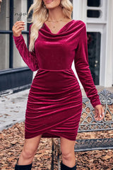 Ingvn - Elegant Solid Fold U Neck Wrapped Skirt Dresses Dresses/Long Sleeve