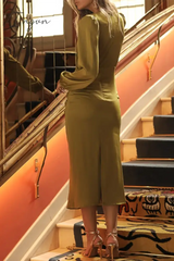 Ingvn - Elegant Solid Fold V Neck One Step Skirt Dresses Dresses/Long Sleeve