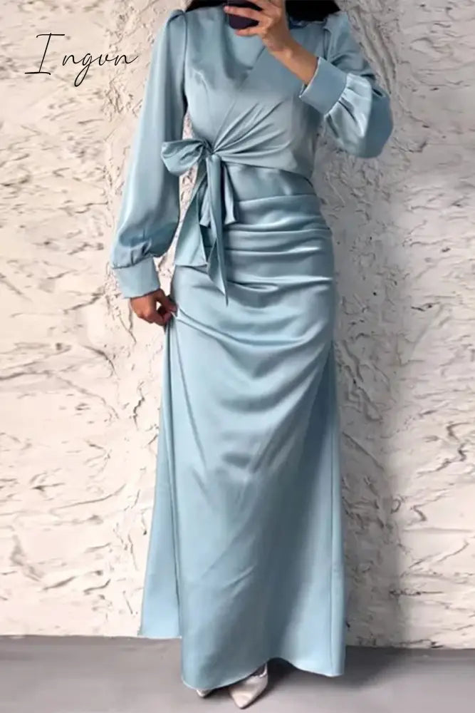 Ingvn - Elegant Solid Frenulum O Neck A Line Dresses Dresses/Long Sleeve
