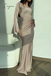 Ingvn - Elegant Solid Frenulum O Neck Wrapped Skirt Dresses Apricot / S Dresses/Long Sleeve