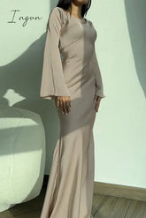 Ingvn - Elegant Solid Frenulum O Neck Wrapped Skirt Dresses Dresses/Long Sleeve
