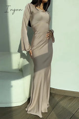 Ingvn - Elegant Solid Frenulum O Neck Wrapped Skirt Dresses Dresses/Long Sleeve