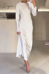 Ingvn - Elegant Solid O Neck A Line Dresses White / S Dresses/Long Sleeve