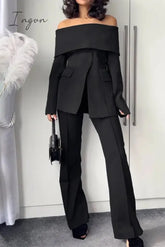 Ingvn - Elegant Solid Off The Shoulder Long Sleeve Two Pieces Black / S Pieces/Two-Piece Pants Set
