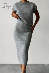 Ingvn - Elegant Solid Patchwork Half A Turtleneck Sleeveless Two Pieces Pieces/Two-Piece Dress