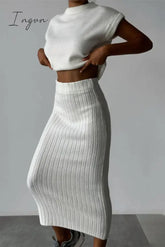 Ingvn - Elegant Solid Patchwork Half A Turtleneck Sleeveless Two Pieces Pieces/Two-Piece Dress