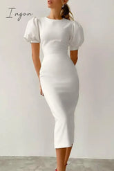 Ingvn - Elegant Solid Patchwork O Neck A Line Dresses White / S Dresses/Casual