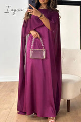 Ingvn - Elegant Solid Patchwork Zipper O Neck Long Dress Dresses Purple / S Dresses/Chiffon