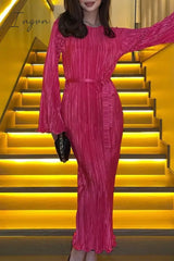 Ingvn - Elegant Solid Pocket Fold O Neck A Line Dresses Dresses/Long Sleeve