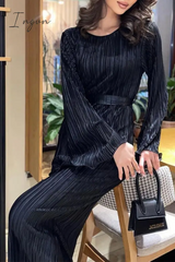 Ingvn - Elegant Solid Pocket Fold O Neck A Line Dresses Dresses/Long Sleeve