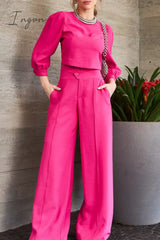Ingvn - Elegant Solid Pocket O Neck Long Sleeve Two Pieces Pieces/Two-Piece Pants Set