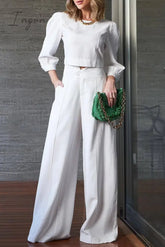 Ingvn - Elegant Solid Pocket O Neck Long Sleeve Two Pieces White / S Pieces/Two-Piece Pants Set