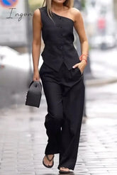 Ingvn - Elegant Solid Pocket Oblique Collar Sleeveless Two Pieces Black / S Pieces/Two-Piece Pants
