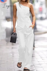 Ingvn - Elegant Solid Pocket Oblique Collar Sleeveless Two Pieces Pieces/Two-Piece Pants Set