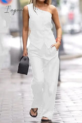Ingvn - Elegant Solid Pocket Oblique Collar Sleeveless Two Pieces Pieces/Two-Piece Pants Set