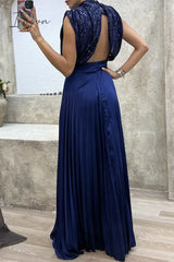 Ingvn - Elegant Solid Sequins Frenulum Fold Half A Turtleneck Evening Dress Dresses Dresses/Party