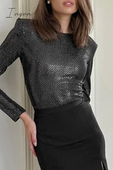 Ingvn - Elegant Solid Sequins Sequined O Neck Tops Tops/Long Sleeve