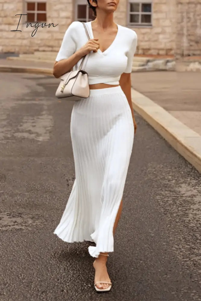Ingvn - Elegant Solid Slit V Neck Short Sleeve Two Pieces Pieces/Two-Piece Dress